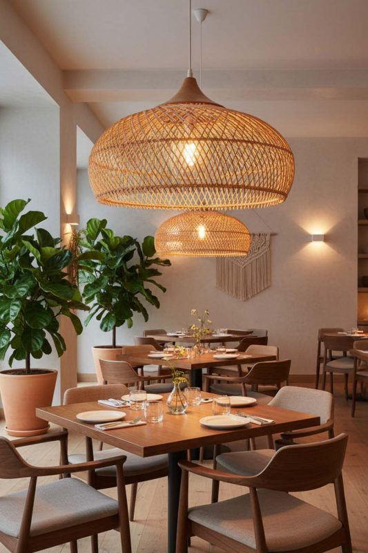 Restaurant Vintage Wood Rattan Pendant Light C - Memorable Ambience