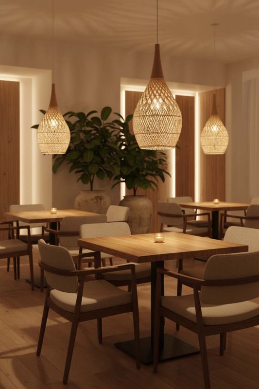 Restaurant Vintage Wood Rattan Pendant Light D - Elegant Dining Experience