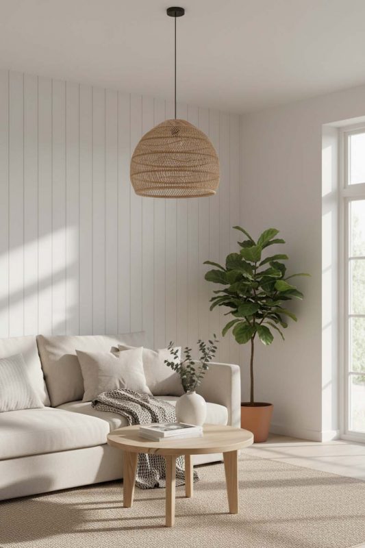 Scandinavian Beige Rattan Cage Pendant Light - Modern Nordic Feel