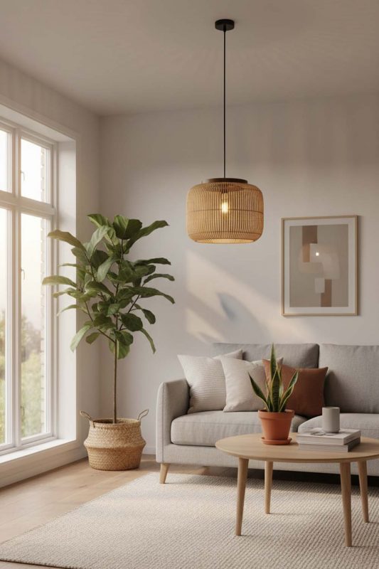 Scandinavian Beige Rattan Capsule Pendant Light - Clean & Minimal