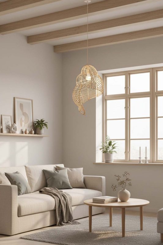 Scandinavian Beige Rattan Spiral Pendant Light - Bright & Airy