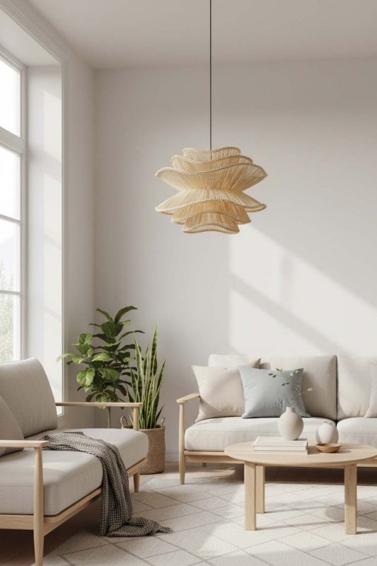 Scandinavian Beige Vietnamese Flower Rattan Chandelier - Modern Nordic Feel