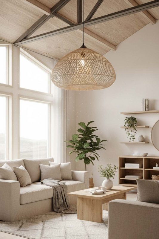 Scandinavian Beige Wood Rattan Pendant Light B - Soft & Cozy