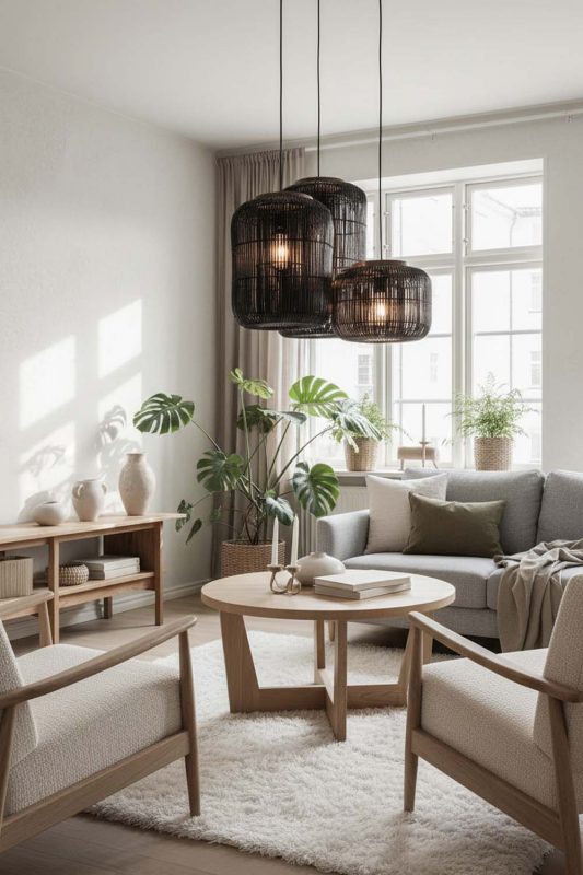 Scandinavian Black Rattan Capsule Pendant Light - Modern Nordic Feel