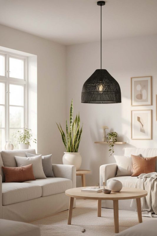 Scandinavian Black Rattan Wide Dome Fixture - Clean & Minimal