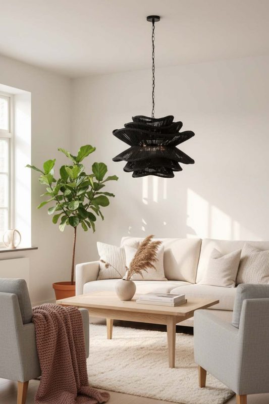 Scandinavian Black Vietnamese Flower Rattan Chandelier - Simple & Functional