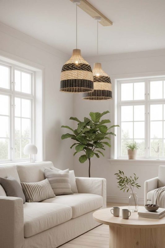 Scandinavian Black White Dome Rattan Pendant - Modern Nordic Feel