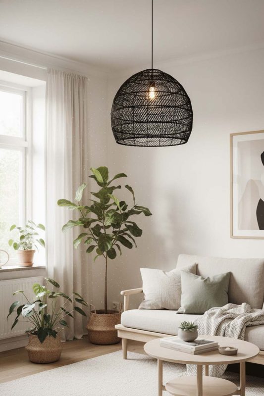 Scandinavian Black Wicker Basket Pendant Light - Clean & Minimal