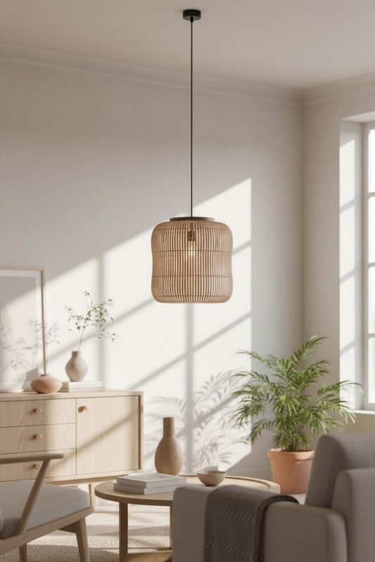 Scandinavian Brown Rattan Capsule Pendant Light - Bright & Airy