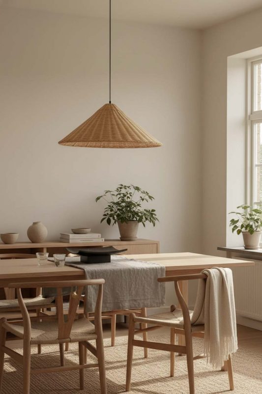 Scandinavian Brown Rattan Cone Pendant Light - Modern Nordic Feel