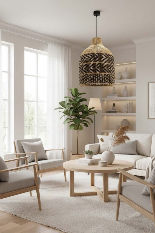 Scandinavian Dark Brown Rattan Bell Pendant Light - Clean & Minimal