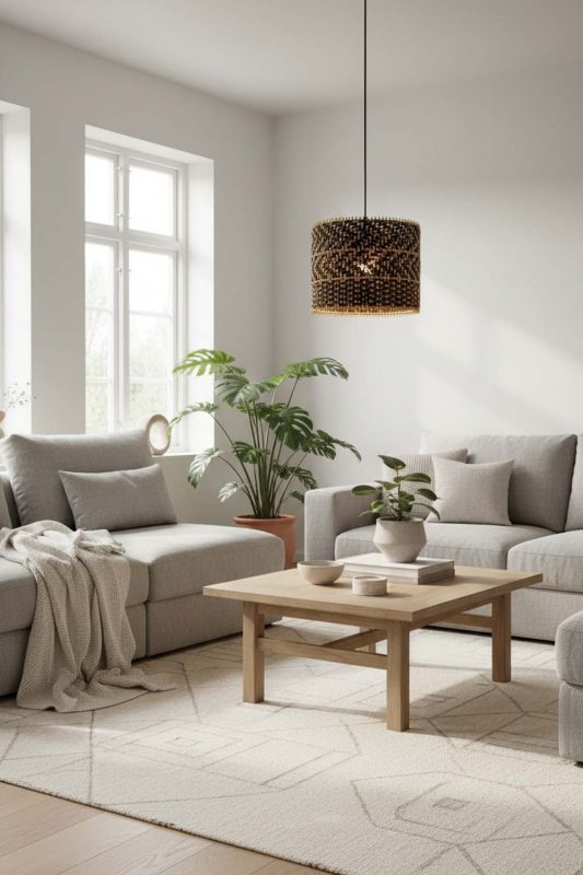 Scandinavian Dark Rattan Drum Pendant Light - Soft & Cozy