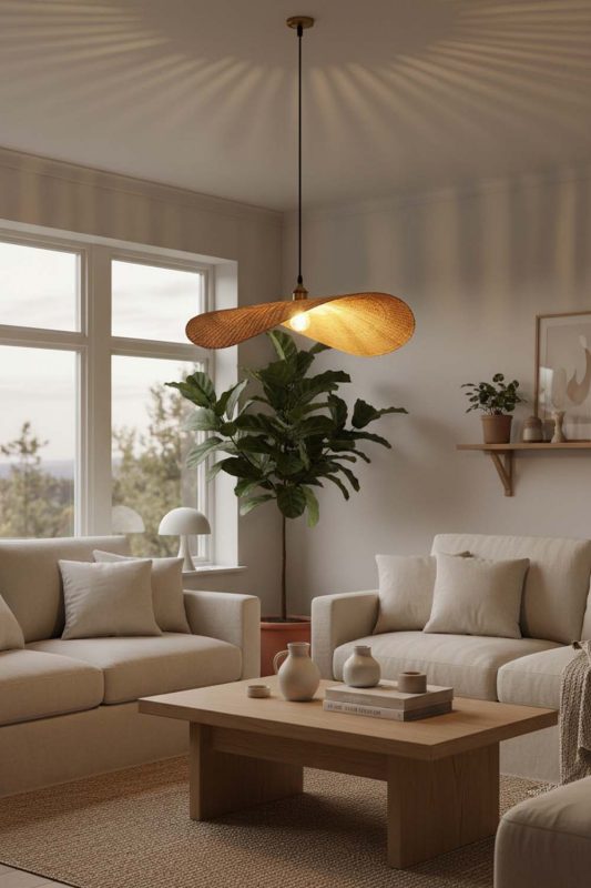 Scandinavian Flat Rattan Pendant Light - Clean & Minimal