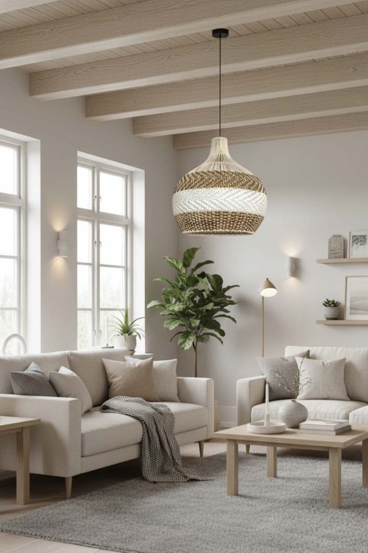 Scandinavian Light Brown White Rattan Pendant Light - Clean & Minimal