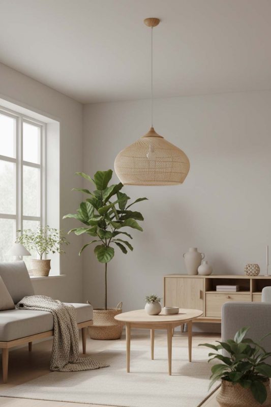 Scandinavian Natural Vintage Wood Rattan Pendant Light - Clean & Minimal