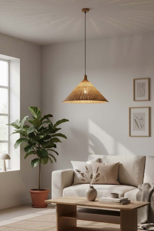 Scandinavian Rattan Cone Pendant Light - Bright & Airy