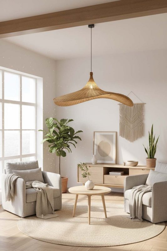 Scandinavian Rattan Straw Hat Pendant Light - Simple & Functional
