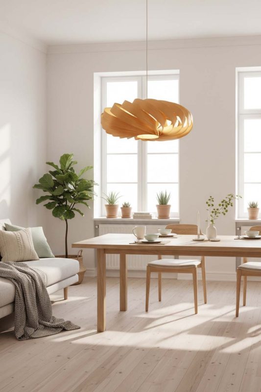 Scandinavian Round Spiral Wood Pendant - Modern Nordic Feel