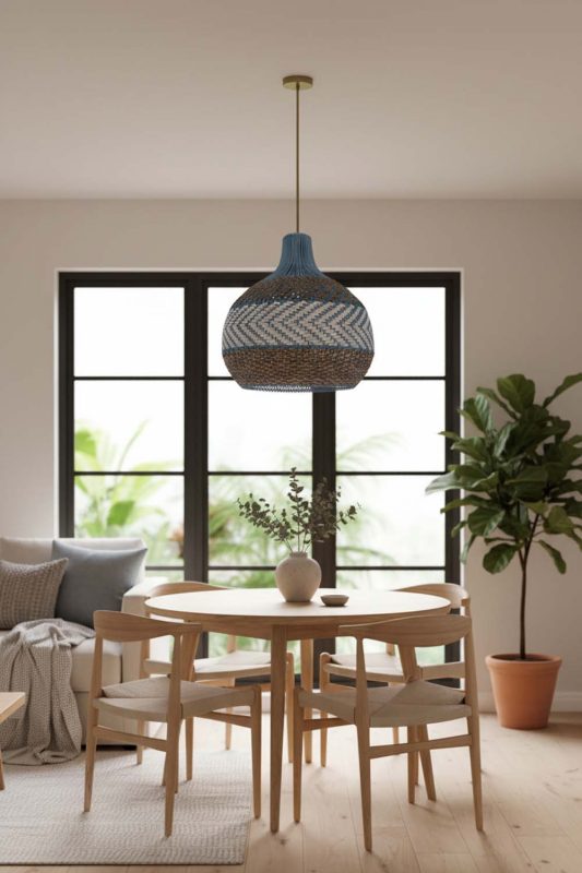 Scandinavian Tan Brown White Rattan Pendant Light - Bright & Airy