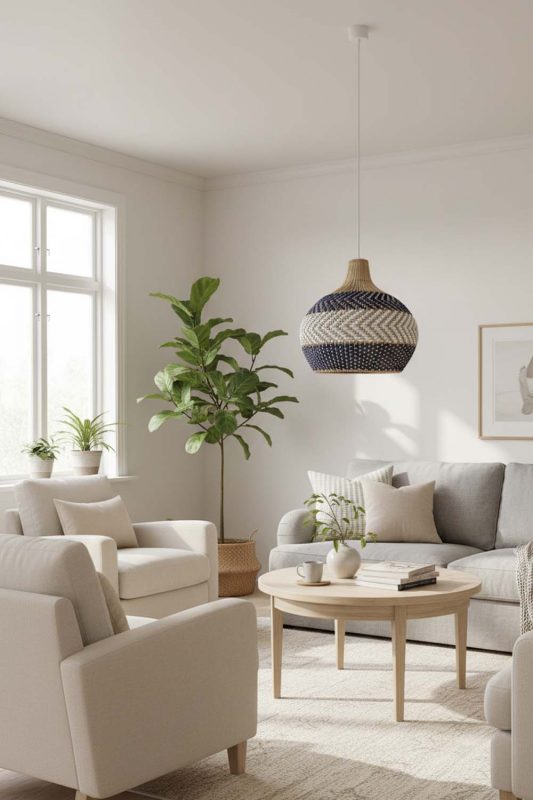 Scandinavian White Blue Rattan Pendant Light - Modern Nordic Feel