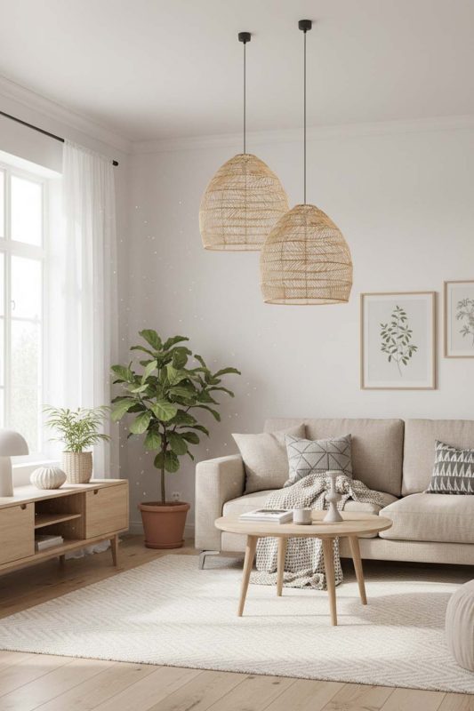 Scandinavian Wicker Basket Pendant Light Beige Color - Simple & Functional