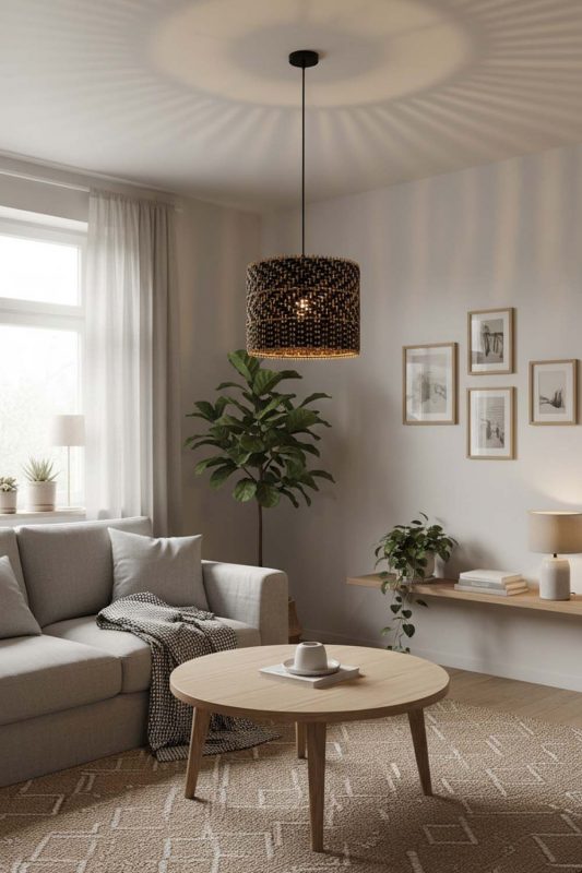 Small Space Dark Rattan Drum Pendant Light - Clever & Functional