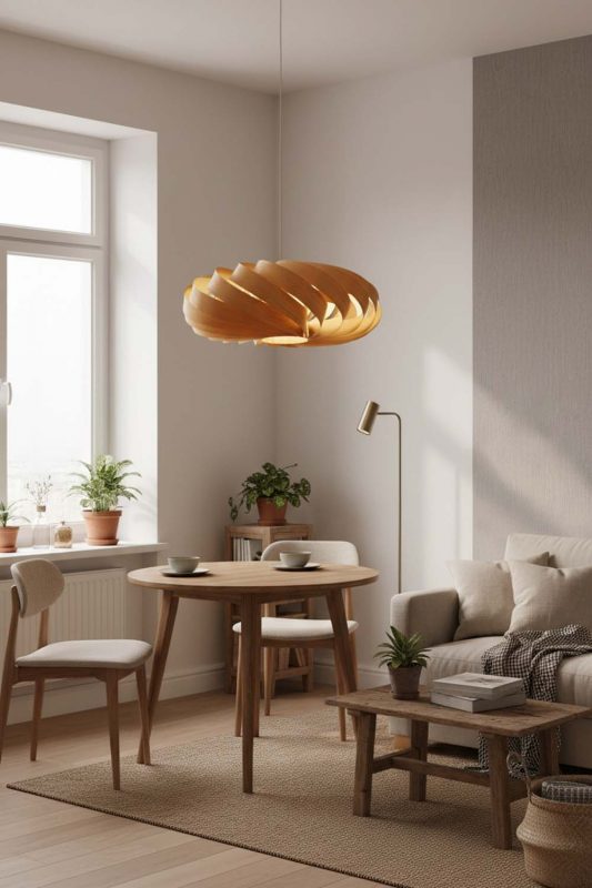 Small Space Round Spiral Wood Pendant - Minimal & Efficient