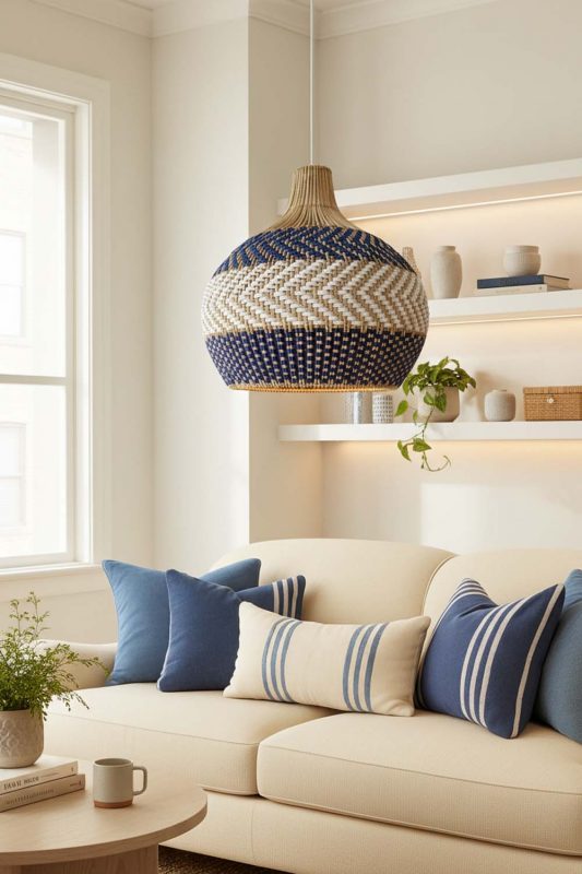 Small Space White Blue Rattan Pendant Light - Minimal & Efficient