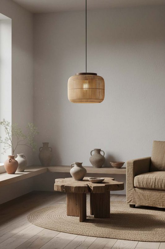 Wabi Sabi Beige Rattan Capsule Pendant Light - Raw & Natural