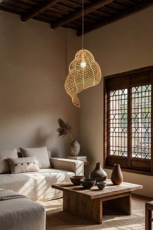 Wabi Sabi Beige Rattan Spiral Pendant Light - Imperfectly Beautiful