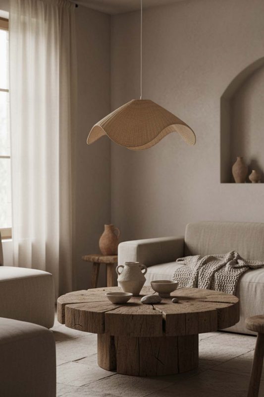 Wabi Sabi Beige Rattan Wave Pendant Light - Rustic & Soulful