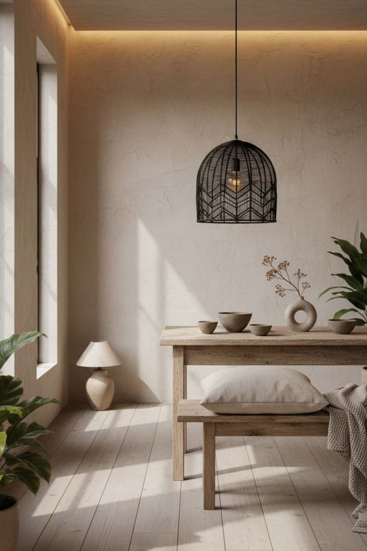 Wabi Sabi Black Rattan Birdcage Pendant Light - Raw & Natural