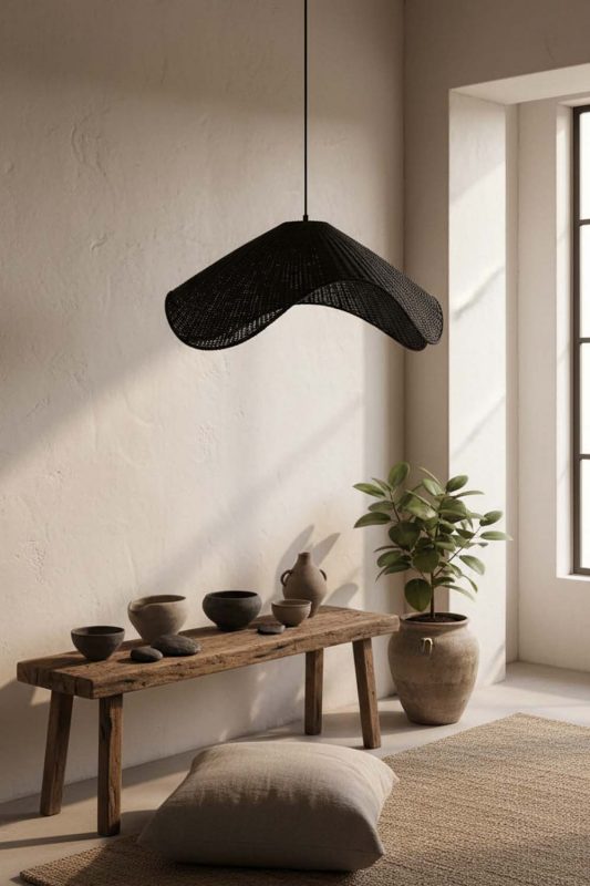 Wabi Sabi Black Rattan Wave Pendant Light - Calm & Organic