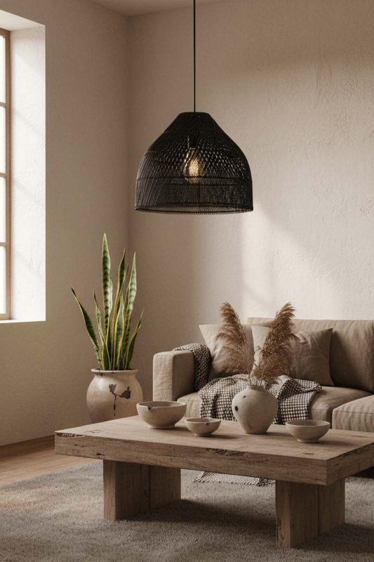 Wabi Sabi Black Rattan Wide Dome Fixture - Raw & Natural