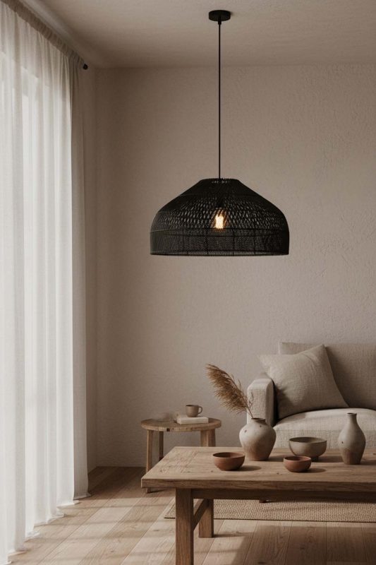Wabi Sabi Black Rattan Wide Dome Pendant Light - Raw & Natural