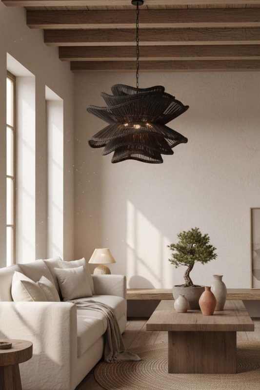 Wabi Sabi Black Vietnamese Flower Rattan Chandelier - Calm & Organic
