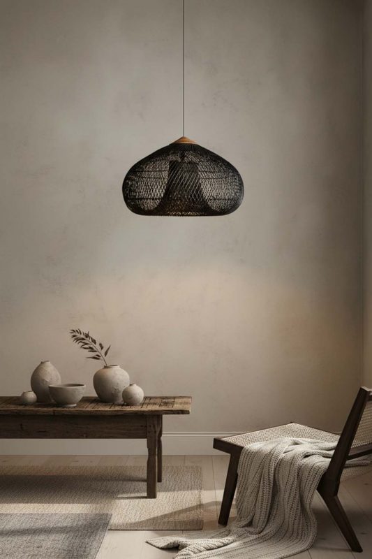 Wabi Sabi Black Vintage Wood Rattan Pendant Light - Calm & Organic