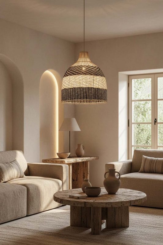 Wabi Sabi Black White Dome Rattan Pendant - Timeless Simplicity
