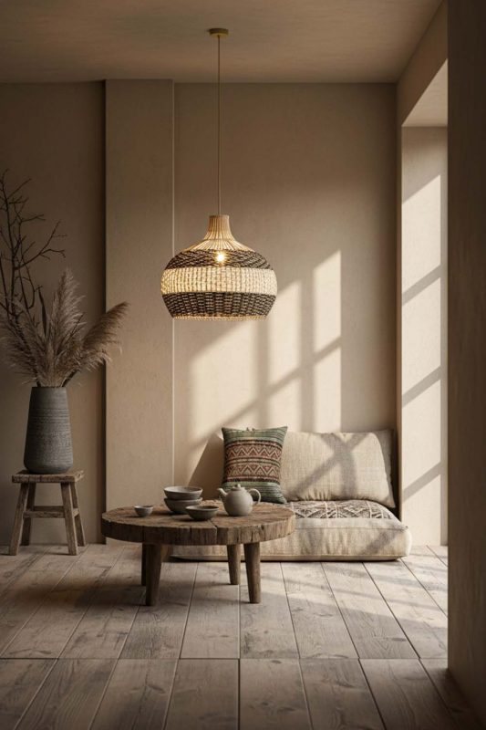 Wabi Sabi Black White Round Rattan Pendant - Imperfectly Beautiful