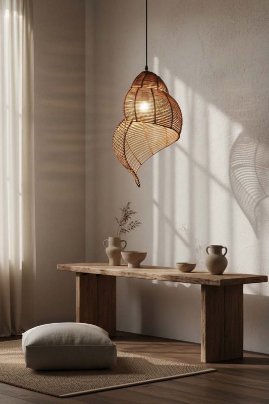 Wabi Sabi Brown Rattan Spiral Pendant Light - Timeless Simplicity