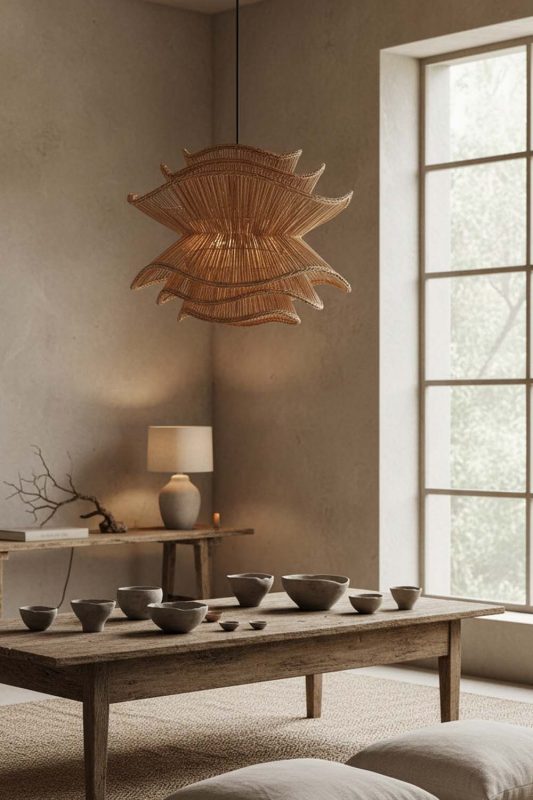 Wabi Sabi Brown Vietnamese Flower Rattan Chandelier - Rustic & Soulful