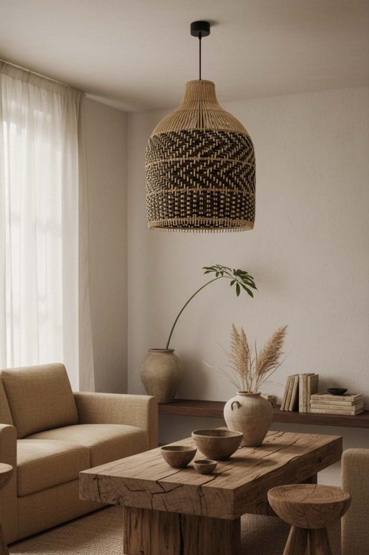 Wabi Sabi Dark Brown Rattan Bell Pendant Light - Raw & Natural