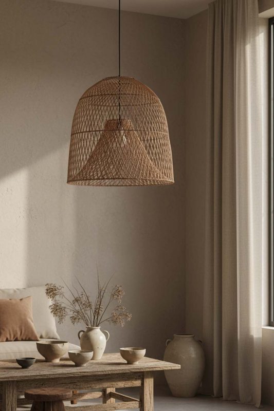 Wabi Sabi Double Layer Rattan Cage Pendant - Raw & Natural
