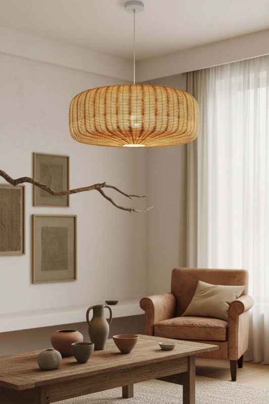 Wabi Sabi Flat Drum Rattan Chandelier - Rustic & Soulful