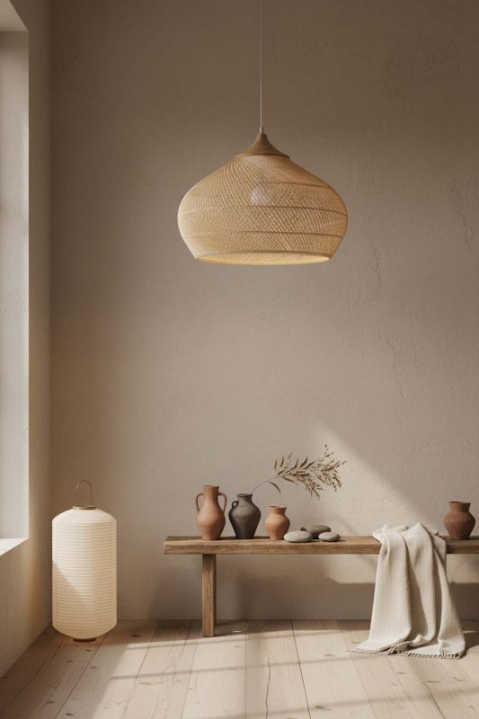 Wabi Sabi Natural Vintage Wood Rattan Pendant Light - Raw & Natural