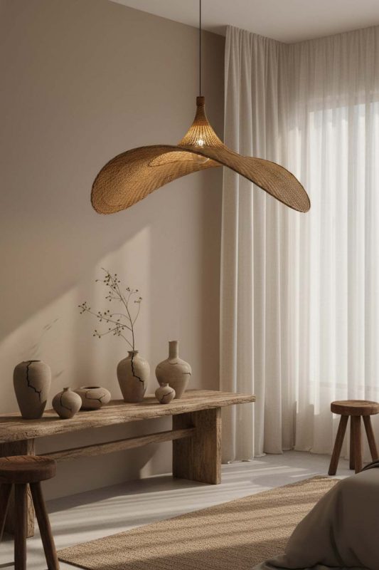 Wabi Sabi Rattan Straw Hat Pendant Light - Calm & Organic
