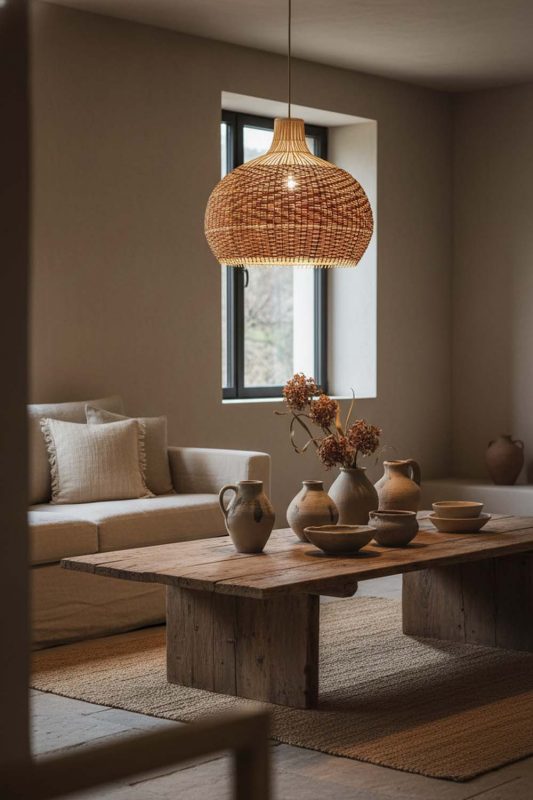 Wabi Sabi Red Orange Rattan Pendant Light - Calm & Organic