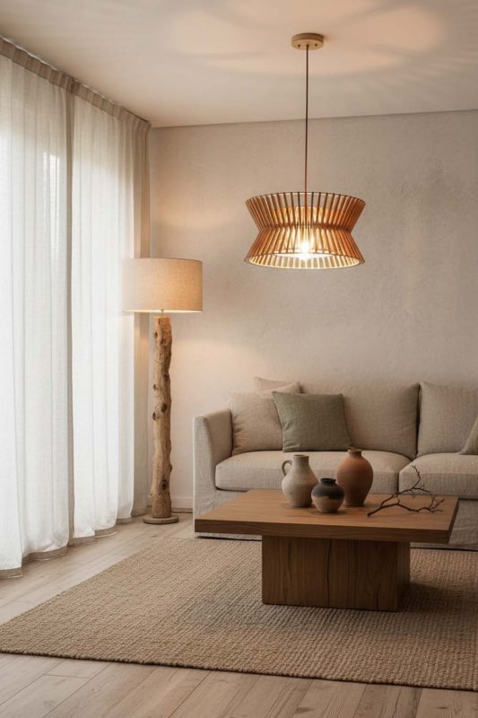 Wabi Sabi Round Wood Slat Pendant Light - Rustic & Soulful