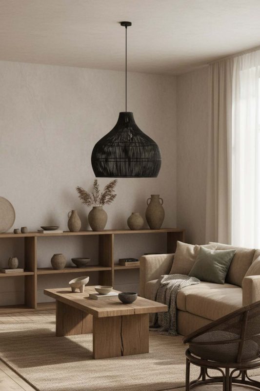 Wabi Sabi Simple Black Rattan Pendant Light - Raw & Natural