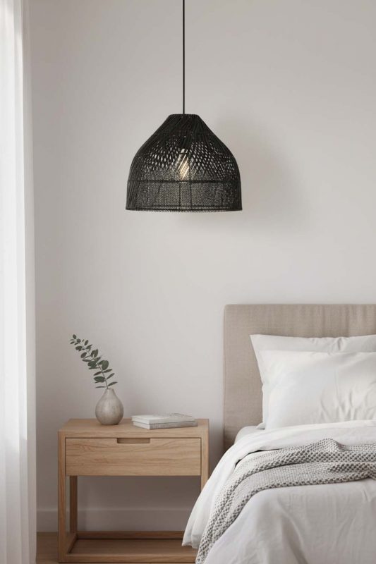 Bedside Black Rattan Wide Dome Fixture - Warm & Inviting Atmosphere